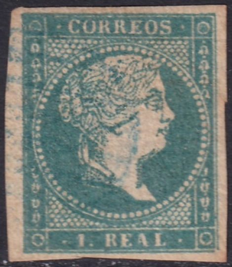 Spain 1856 Sc 42 used blue grid (parrilla) cancel experts mark