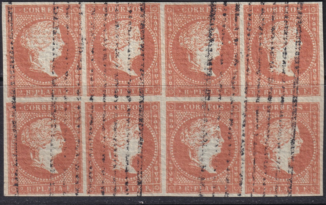 Cuba 1855 Sc 4 block of 8 used bar (barras) cancel