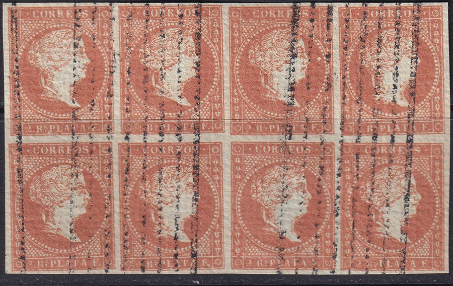 Cuba 1855 Sc 4 block of 8 used bar (barras) cancel