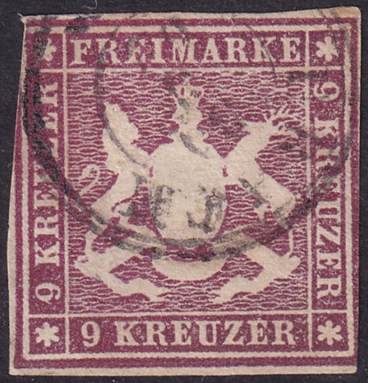 Wurttemberg 1859 Sc 17a used small thin at centre trimmed side margins