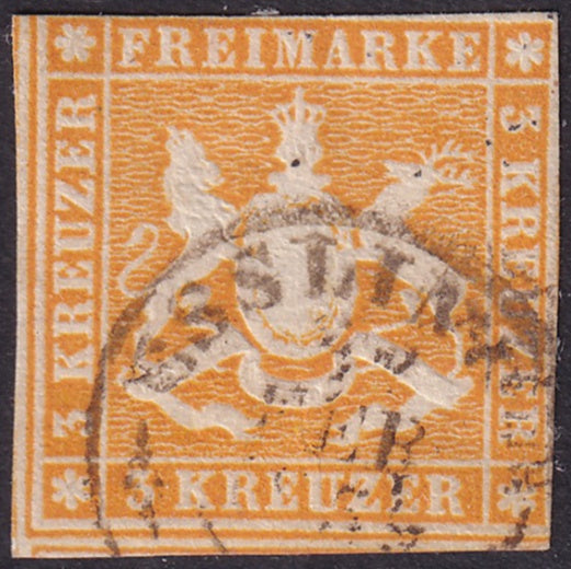 Wurttemberg 1859 Sc 15 used Esslingen cancel major paper adhesion