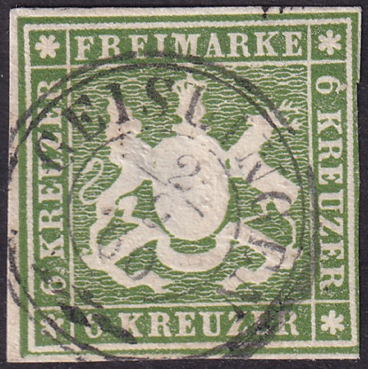 Wurttemberg 1859 Sc 16 used Geislingen cancel large centre thin