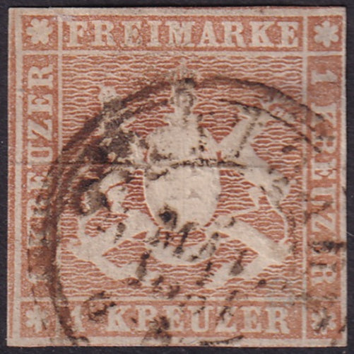 Wurttemberg 1857 Sc 7 used large upper right corner thin