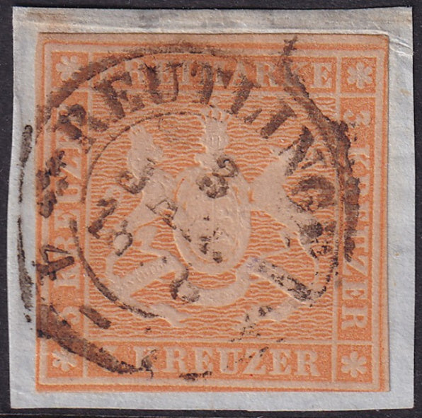 Wurttemberg 1857 Sc 9 used Reutlingen cancel on piece