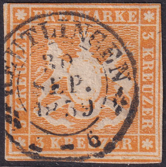 Wurttemberg 1857 Sc 9 used Reutlingen cancel couple thins