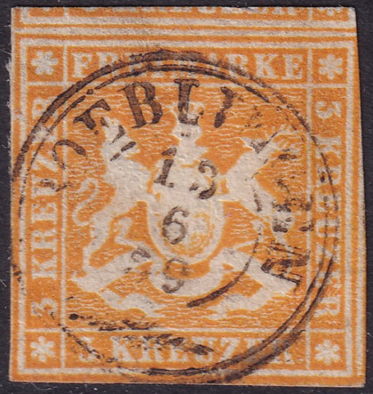 Wurttemberg 1857 Sc 9 used Boeblingen cancel small thin