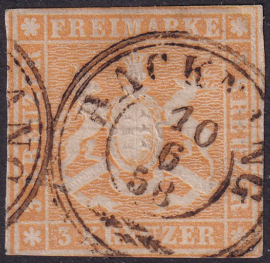 Wurttemberg 1857 Sc 9 used Backnang cancel upper right corner damage