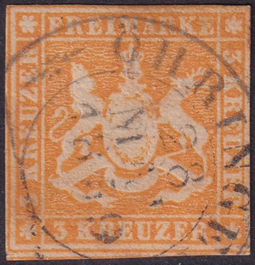 Wurttemberg 1857 Sc 9 used Ohringen cancel toning spots on back