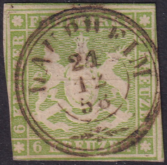 Wurttemberg 1857 Sc 10 used Laupheim cancel trimmed side margins