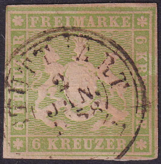 Wurttemberg 1857 Sc 10 used Stuttgart cancel major paper adhesion on back