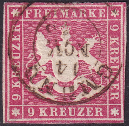 Wurttemberg 1857 Sc 11 used Gmünd cancel thins at bottom