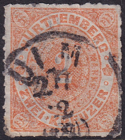 Wurttemberg 1869 Sc 48 used Ulm cancel large lower corner thin