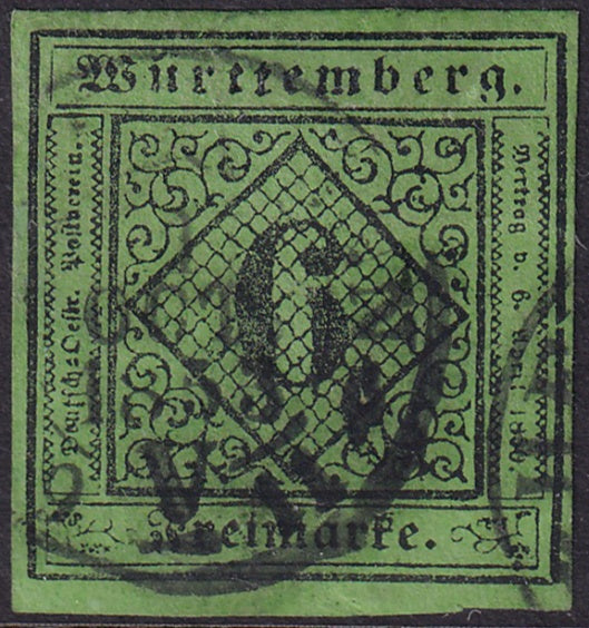 Wurttemberg 1851 Sc 4 used Heilbronn cancel heavy hinge