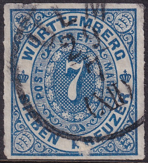 Wurttemberg 1869 Sc 50 used Ulm cancel scuff mark at bottom