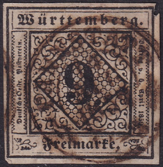 Wurttemberg 1851 Sc 5 used Cannstadt cancel damaged upper corner