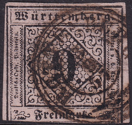 Wurttemberg 1851 Sc 5 used Rottenburg cancel thins