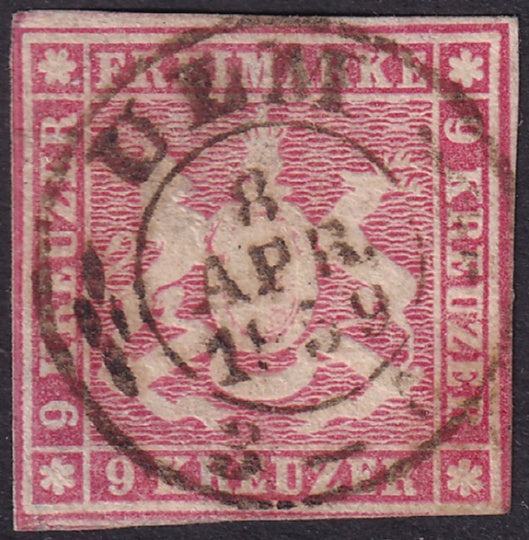 Wurttemberg 1857 Sc 11 used Ulm cancel some thins