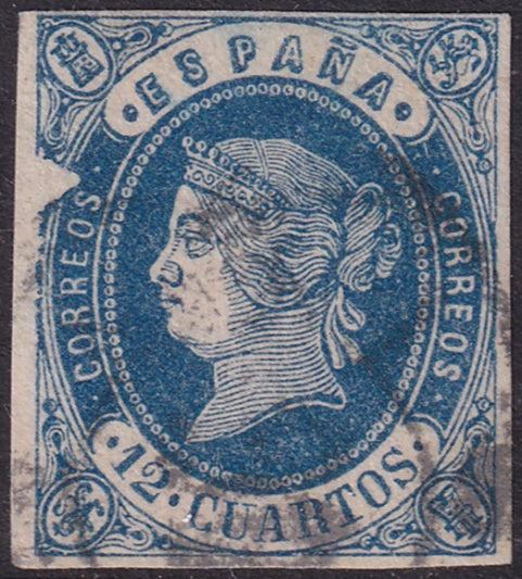 Spain 1862 Sc 57 used cartwheel (rueda) cancel white blot on left variety