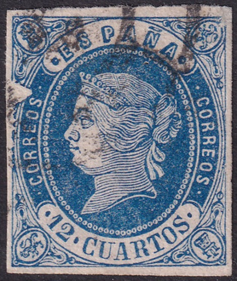 Spain 1862 Sc 57 used cartwheel (rueda) cancel white blot on left variety