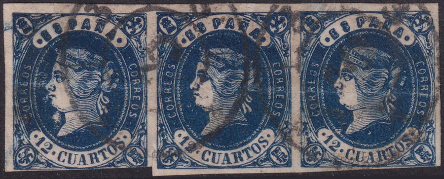 Spain 1862 Sc 57a strip of 3 used "3" (Cádiz) cartwheel (rueda) cancels