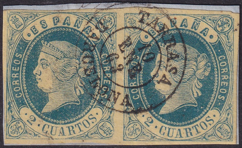 Spain 1862 Sc 55 pair used Tarrasa (Barcelona) date (fechador) cancel on piece