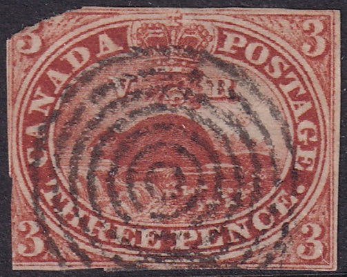 Canada 1852 Sc 4 used 7-ring cancel torn upper left corner