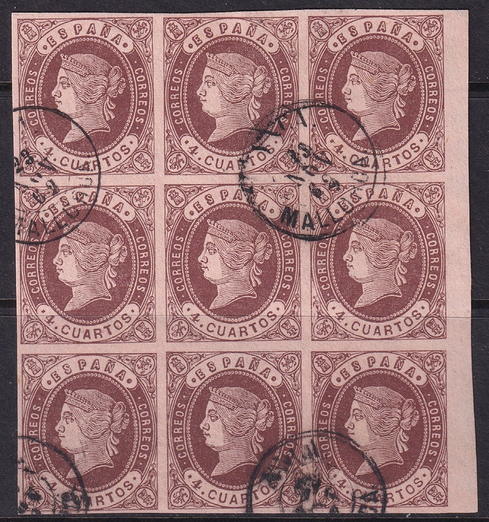 Spain 1862 Sc 56 block of 9 used Ynca Mallorca date (fechador) cancels