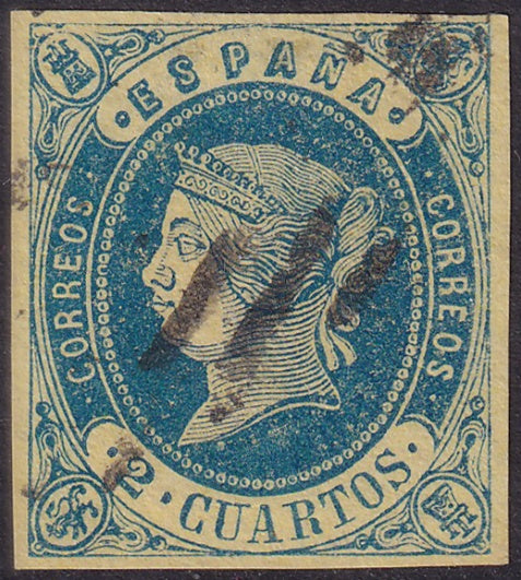 Spain 1862 Sc 55 used parrilla con cifra cancel