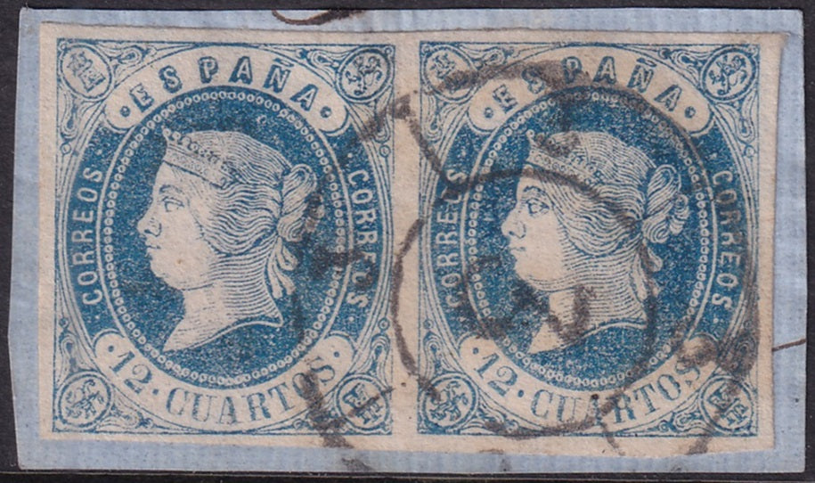 Spain 1862 Sc 57 pair used cartwheel "3" (Cádiz) cancel on piece