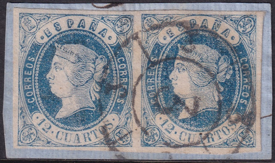 Spain 1862 Sc 57 pair used cartwheel "3" (Cádiz) cancel on piece