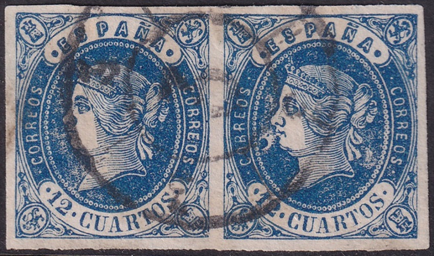 Spain 1862 Sc 57 pair used cartwheel "3" (Cádiz) cancel with variety