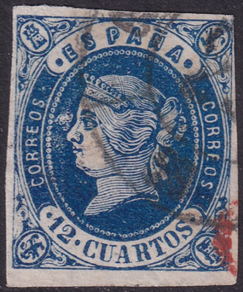 Spain 1862 Sc 57 used cartwheel cancel with "white mark by nose" variety