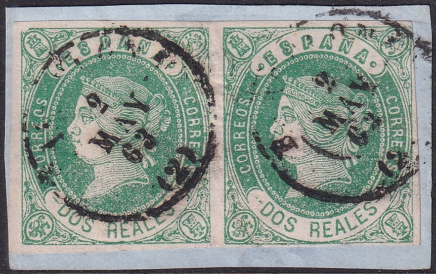 Spain 1862 Sc 60 pair used Barcelona date cancels