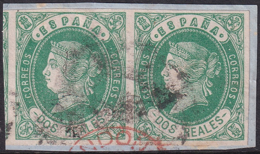 Spain 1862 Sc 60 pair used cartwheel and London receiving cancels on piece