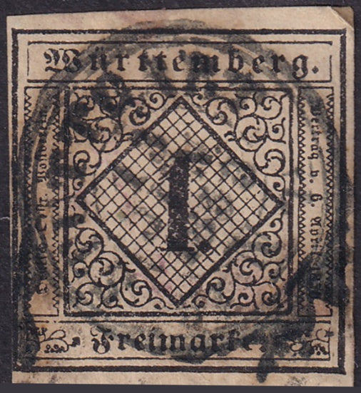 Wurttemberg 1851 Sc 1 used Stuttgart cancel repaired bottom margin