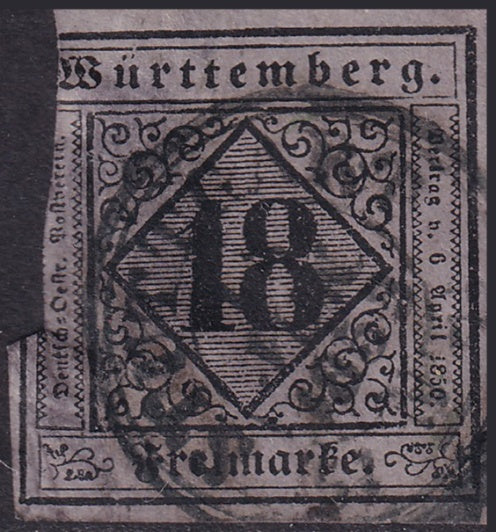 Wurttemberg 1852 Sc 6 used Stuttgart cancel faulty missing left side