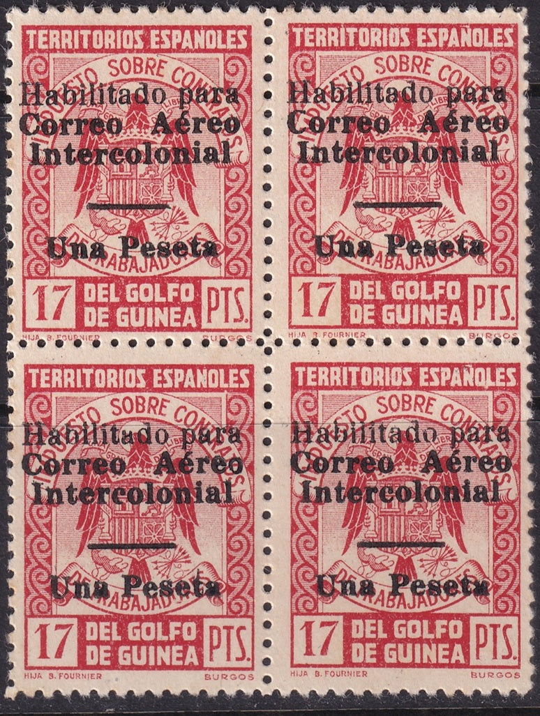 Spanish Guinea 1941 Sc C1a air post block MNH** longer overprint bar