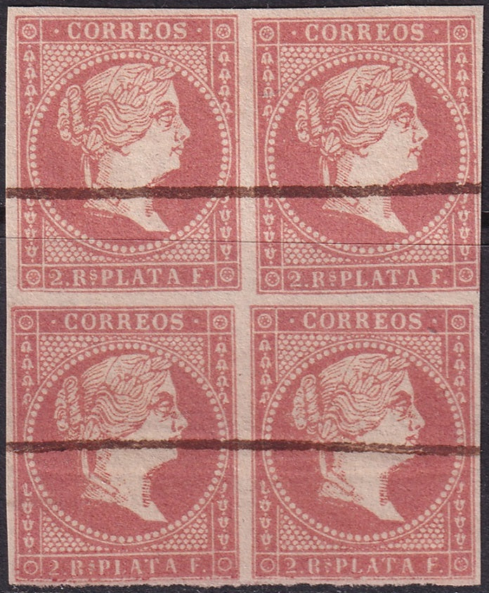 Cuba 1857 Sc 14 block used pen cancels horizontal crease