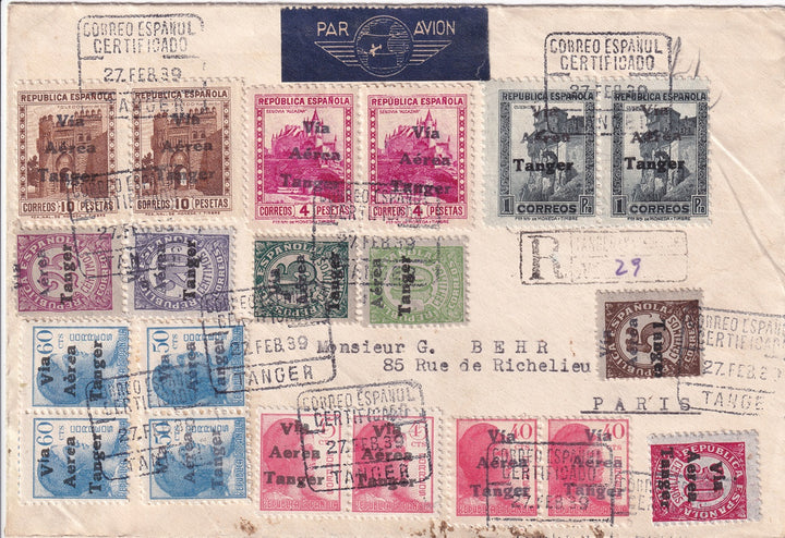 Spanish Tangier 1938 Sc Ed 128-40 air post set on philatelic cover to Paris