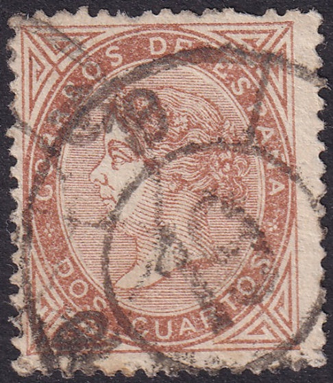 Spain 1867 Sc 88 used "19" (Badajoz) cartwheel (rueda) cancel