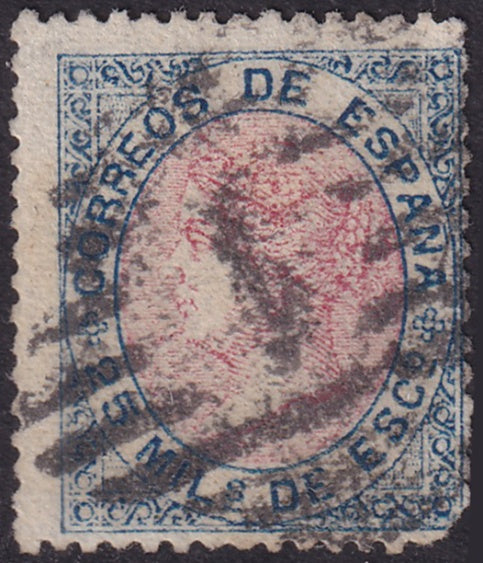 Spain 1867 Sc 96 used "1" parrilla con cifra damaged corner