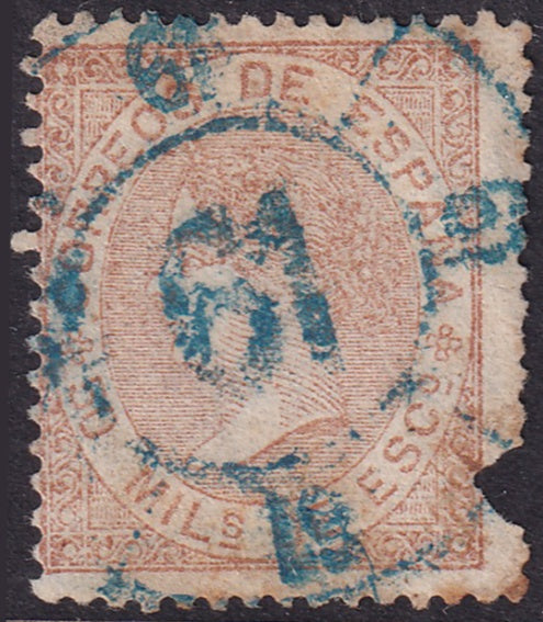 Spain 1868 Sc 97 used blue "61" (La Junquera) cartwheel (rueda) cancel faulty