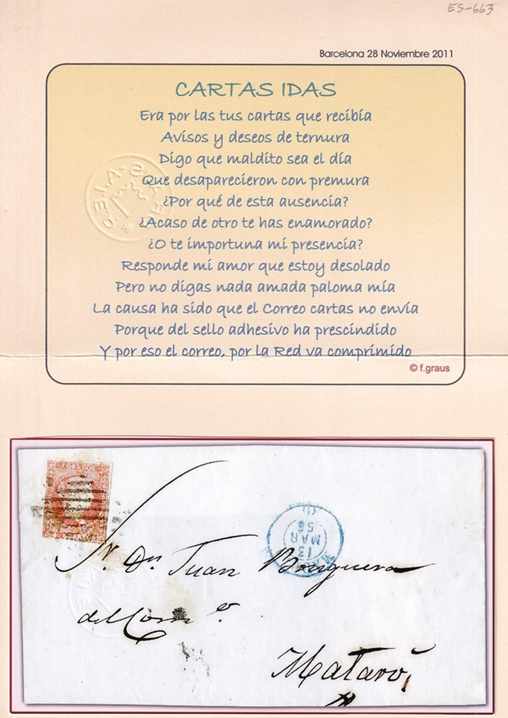 Spain 1856 Sc 37 España Ed 40 var folded letter (front only) with postal forgery Graus certificate