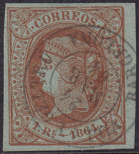 Spain 1864 Sc 65 used Villa y Geltru (Barcelona) date cancel