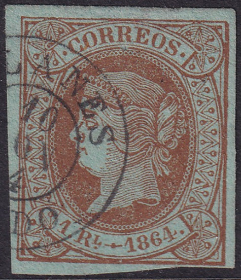 Spain 1864 Sc 65 used Llanes (Oviedo) date cancel thin at top