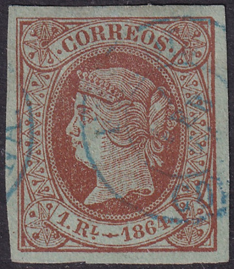 Spain 1864 Sc 65 used Ferrol (Coruña) blue date cancel signed Oliva