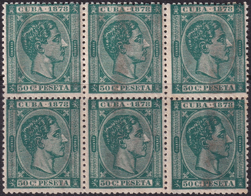 Cuba 1878 Sc 80 block of 6 MNH** streaky gum