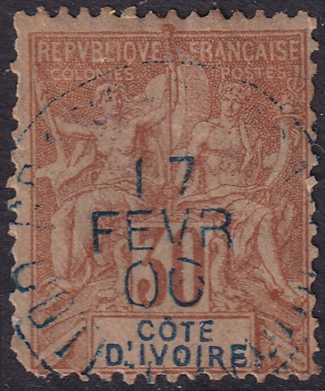 Ivory Coast 1892 Sc 12 used blue cancel rounded lower corner