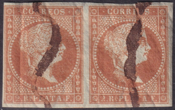 Spanish Antilles 1855 Sc 4 pair used pen cancels toned/cracked gum