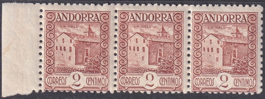 Andorra Spanish 1937 Sc 25 margin strip of 3 MNH**
